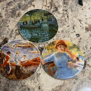 Set Of 3 Vtg Print  Ceramic Circular Wall Tiles Monet  Renoir Prints 6” England